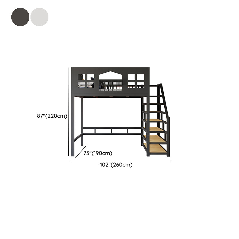 Contemporary Iron Loft Bed Black / White Kid Bed with Stairway