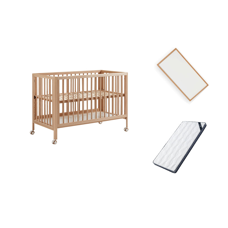 Beech Convertible Baby Crib Wood Nursery Crib with Guardrail and Wheels