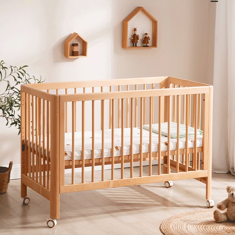 Beech Convertible Baby Crib Wood Nursery Crib with Guardrail and Wheels