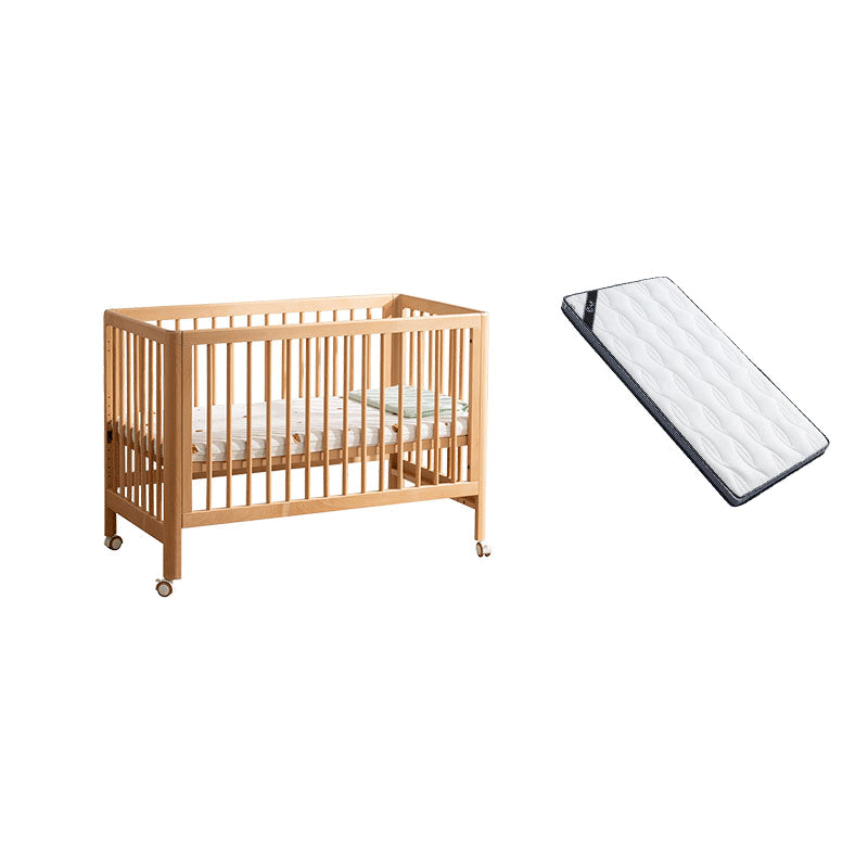 Beech Convertible Baby Crib Wood Nursery Crib with Guardrail and Wheels