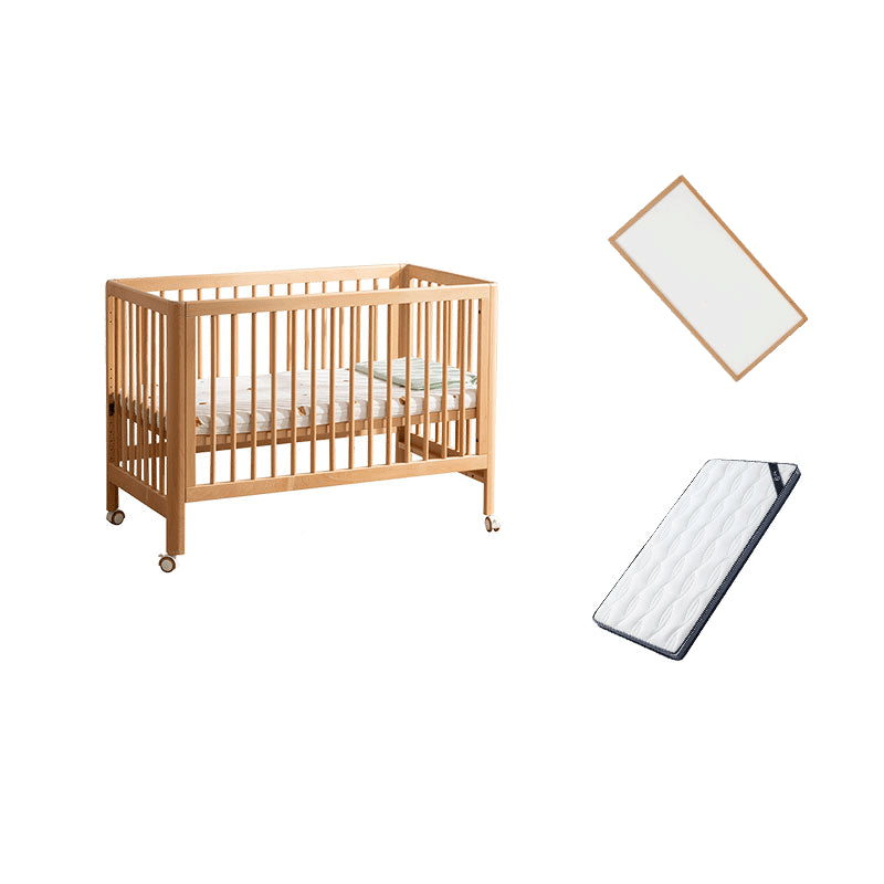 Beech Convertible Baby Crib Wood Nursery Crib with Guardrail and Wheels