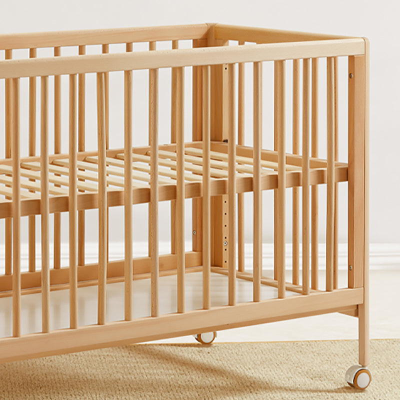 Beech Convertible Baby Crib Wood Nursery Crib with Guardrail and Wheels