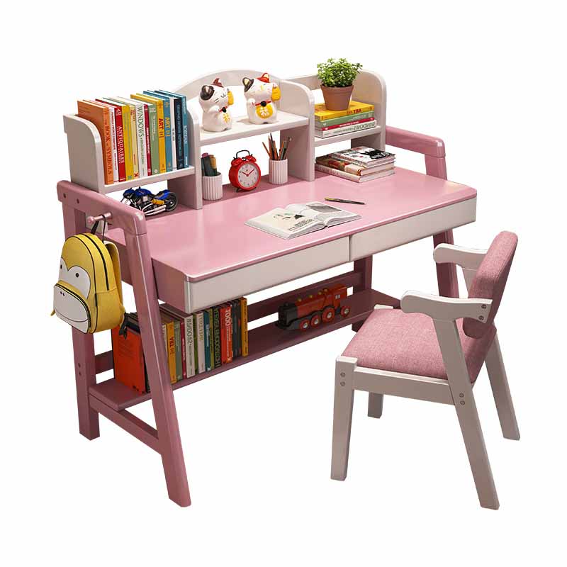 Wooden Children's Desk Home Desk with Chair Set with Storage Shelves