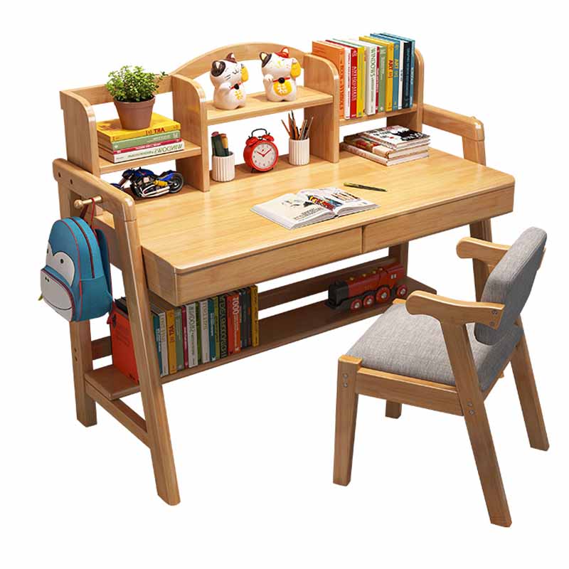 Wooden Children's Desk Home Desk with Chair Set with Storage Shelves