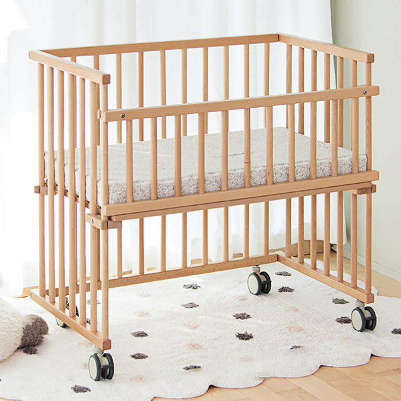 Modern Beech Baby Crib Light Wood Standard Size Nursery Crib with Casters