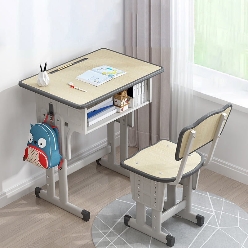 Adjustable Child Desk Solid Wood Desk and Chair Set with Bookshelf