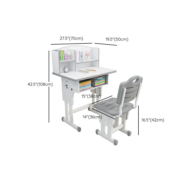 Adjustable Child Desk Solid Wood Desk and Chair Set with Bookshelf