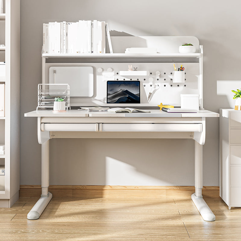 White Children's Desk with Storage Shelves Solid Wood Adjustable Student Table