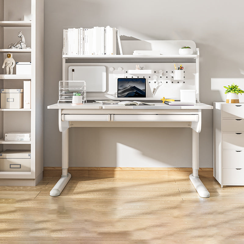 White Children's Desk with Storage Shelves Solid Wood Adjustable Student Table