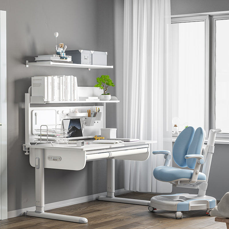 White Children's Desk with Storage Shelves Solid Wood Adjustable Student Table