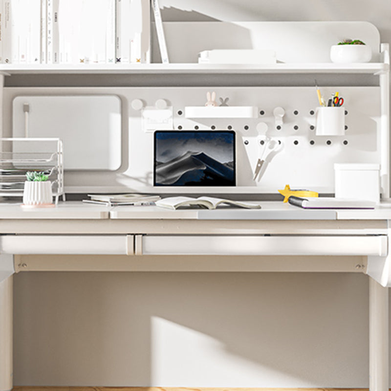 White Children's Desk with Storage Shelves Solid Wood Adjustable Student Table