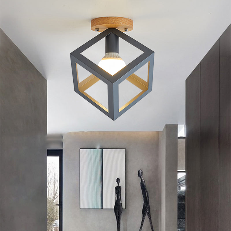 Nordic Flush Mount Geometric Ceiling Light Fixture with Wood and Metal for Hallway