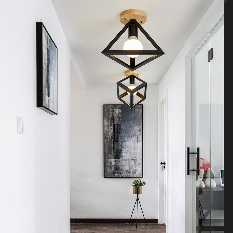 Nordic Flush Mount Geometric Ceiling Light Fixture with Wood and Metal for Hallway