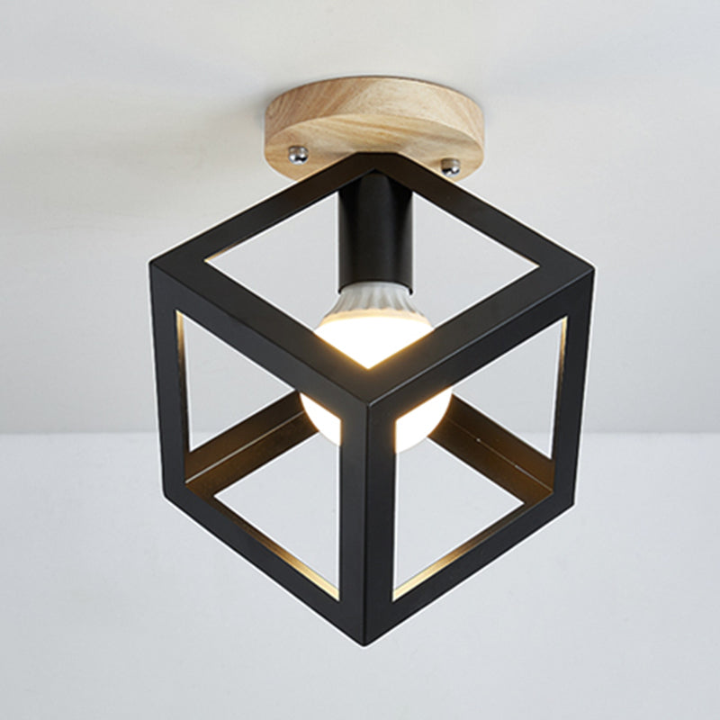 Nordic Flush Mount Geometric Ceiling Light Fixture with Wood and Metal for Hallway