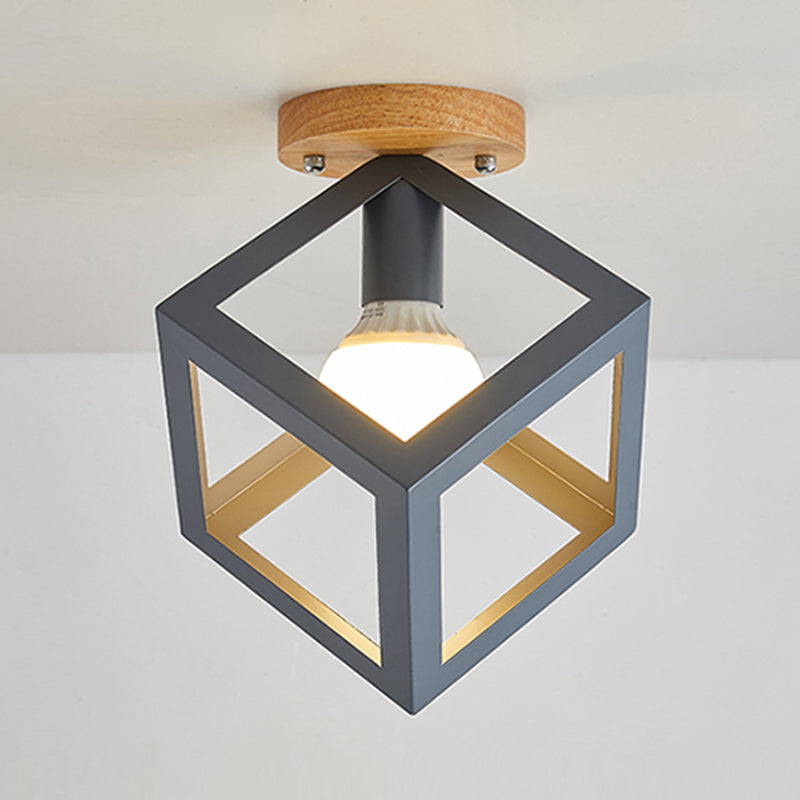 Nordic Flush Mount Geometric Ceiling Light Fixture with Wood and Metal for Hallway