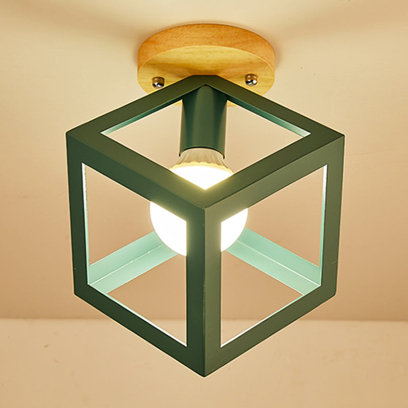 Nordic Flush Mount Geometric Ceiling Light Fixture with Wood and Metal for Hallway