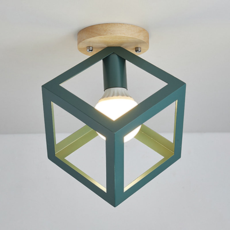 Nordic Flush Mount Geometric Ceiling Light Fixture with Wood and Metal for Hallway