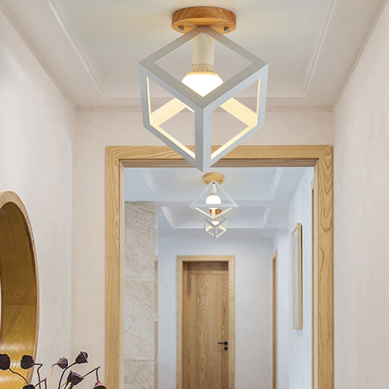 Nordic Flush Mount Geometric Ceiling Light Fixture with Wood and Metal for Hallway