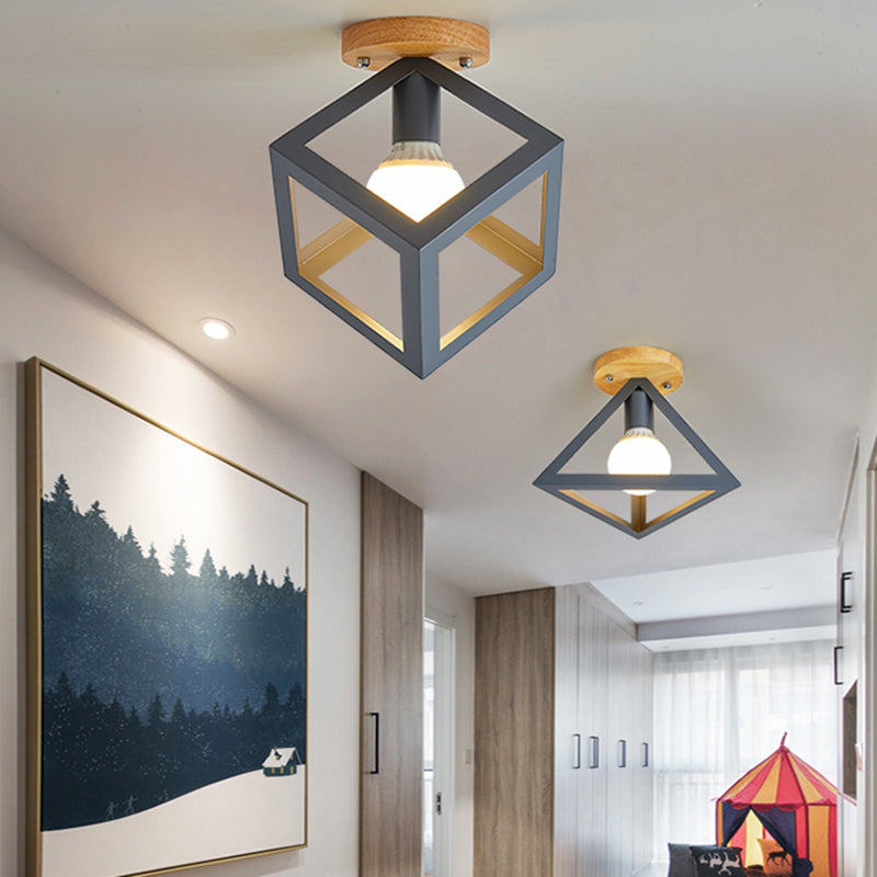 Nordic Flush Mount Geometric Ceiling Light Fixture with Wood and Metal for Hallway