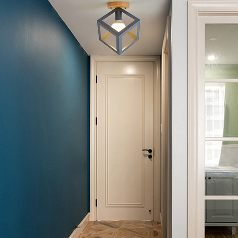 Nordic Flush Mount Geometric Ceiling Light Fixture with Wood and Metal for Hallway