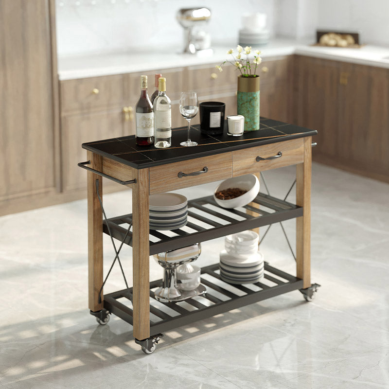 Open Storage Kitchen Trolley Rolling Prep Table with Open Shelves