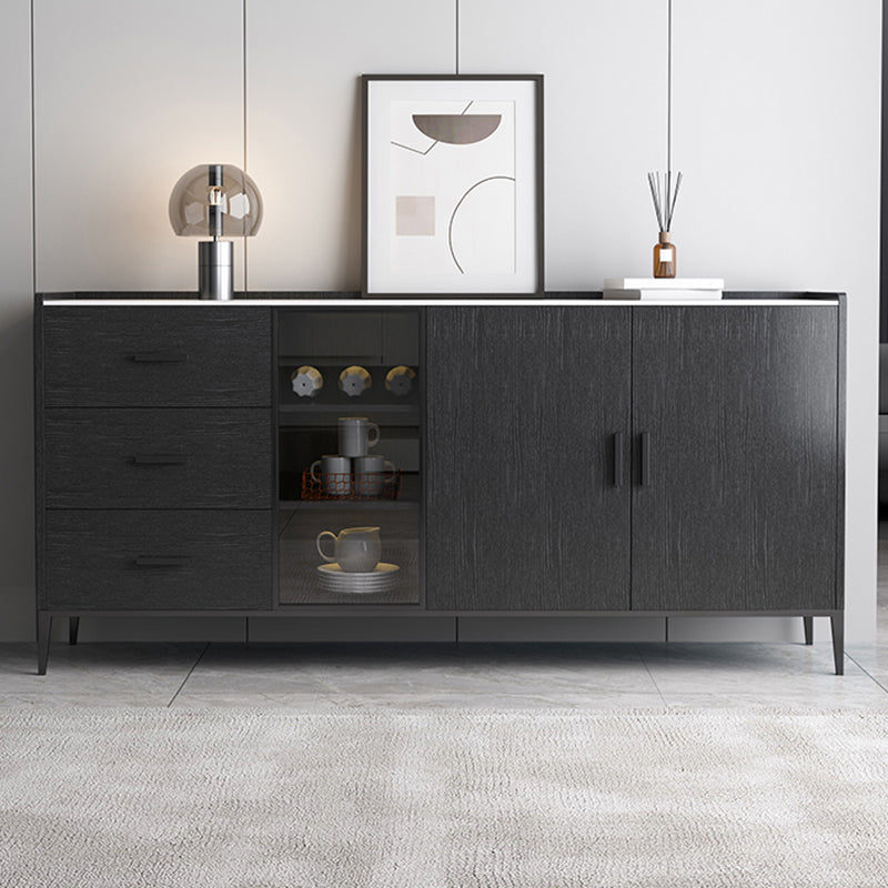 Stone Credenza Contemporary Style Glass Doors Server with Cabinets and Drawers