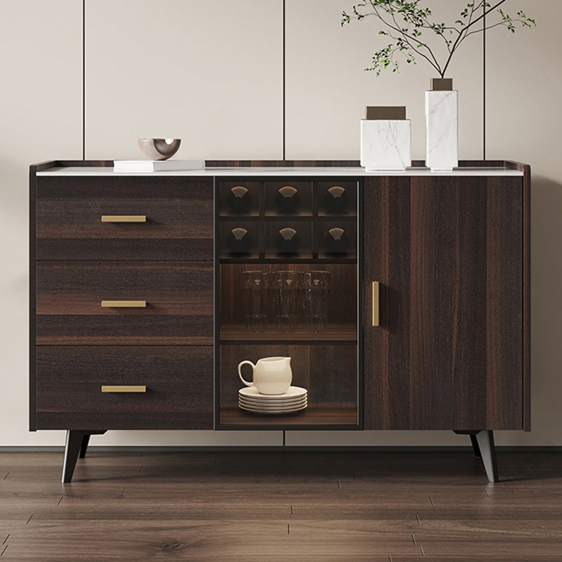 Stone Credenza Contemporary Style Glass Doors Server with Cabinets and Drawers