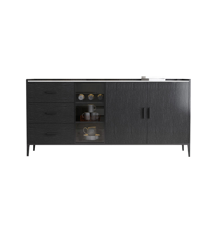 Stone Credenza Contemporary Style Glass Doors Server with Cabinets and Drawers