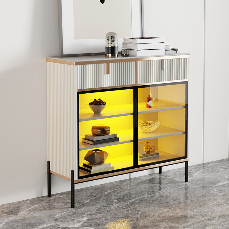 Glam Style Sideboard Stone Glass Doors Side Board with Cabinets and Drawers