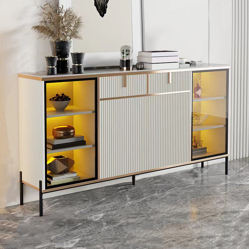 Glam Style Sideboard Stone Glass Doors Side Board with Cabinets and Drawers