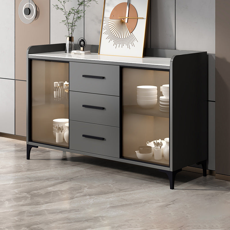 Glam Style Sideboard Wood Glass Doors Side Board with Cabinets and Drawers without Light