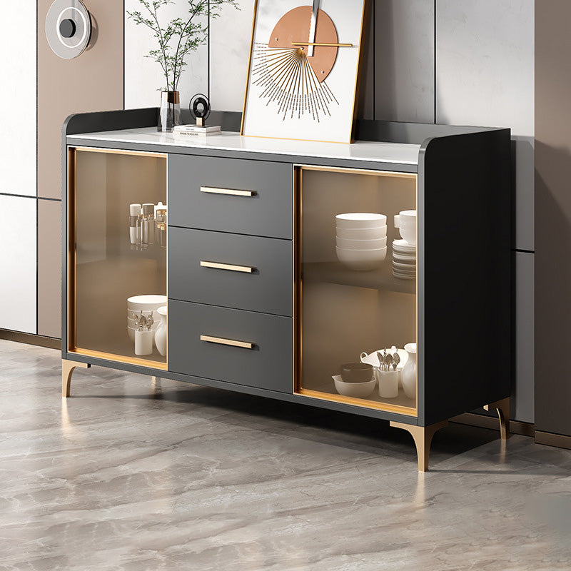 Glam Style Sideboard Wood Glass Doors Side Board with Cabinets and Drawers without Light