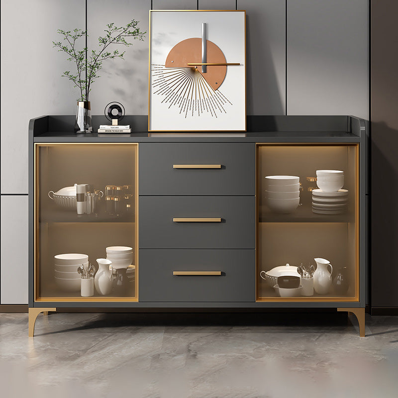 Glam Style Sideboard Wood Glass Doors Side Board with Cabinets and Drawers without Light