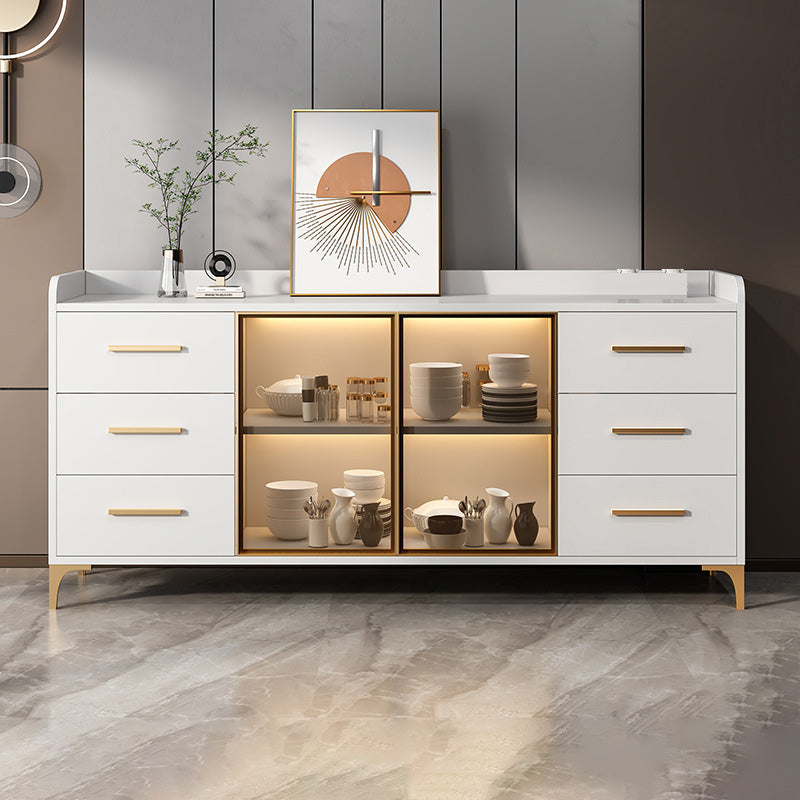 Glam Style Sideboard Wood Glass Doors Side Board with Cabinets and Drawers without Light