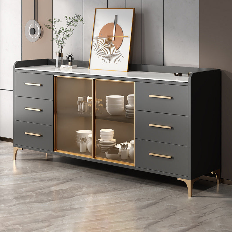 Glam Style Sideboard Wood Glass Doors Side Board with Cabinets and Drawers without Light