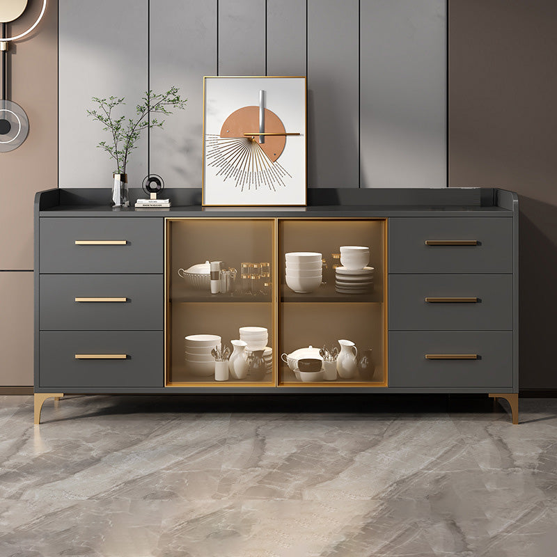 Glam Style Sideboard Wood Glass Doors Side Board with Cabinets and Drawers without Light