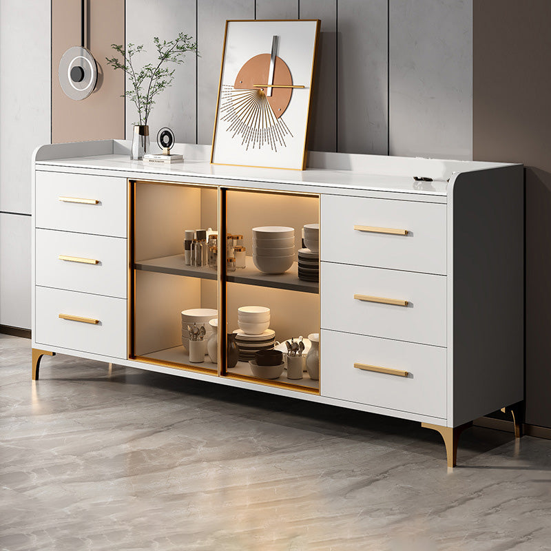 Glam Style Sideboard Wood Glass Doors Side Board with Cabinets and Drawers without Light