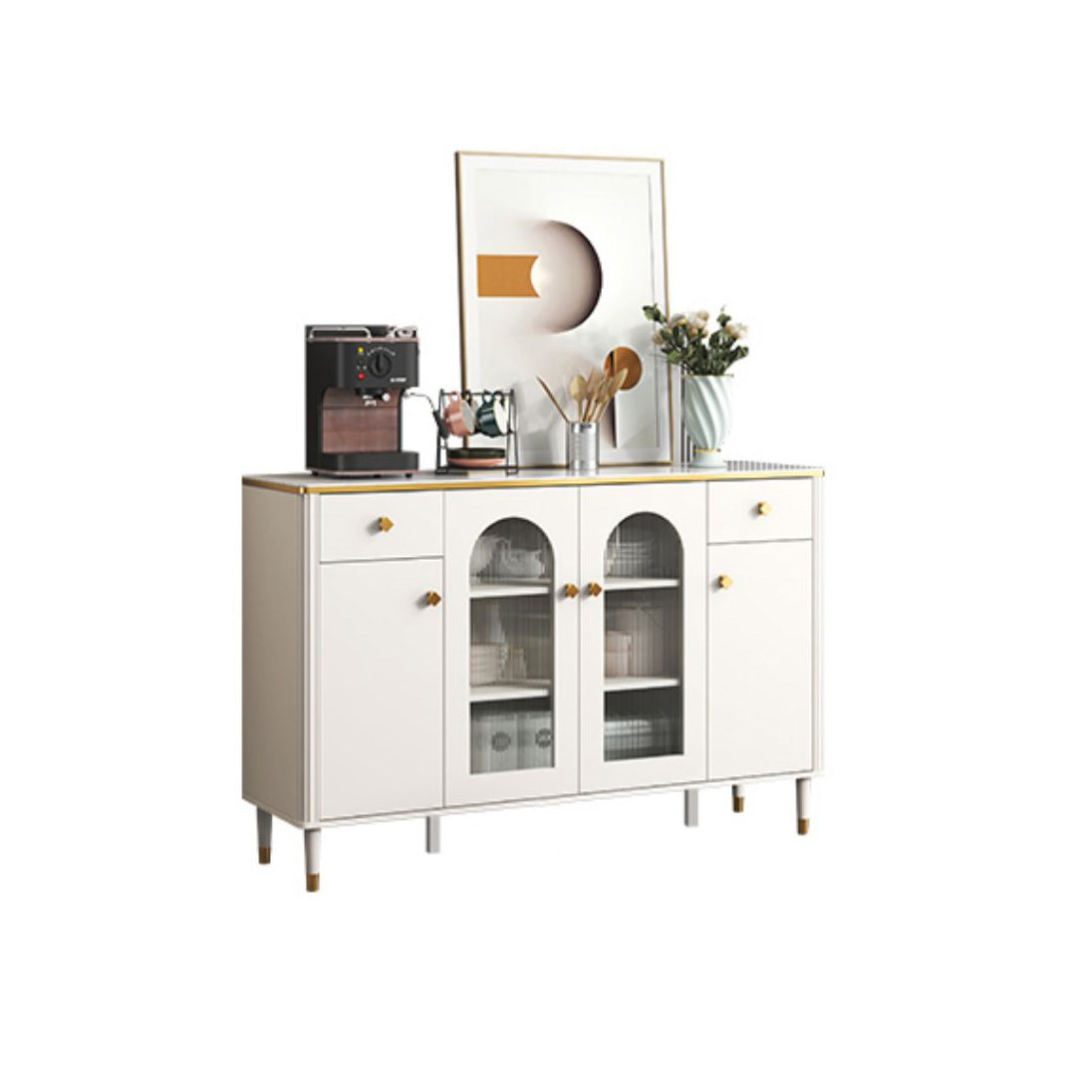 Glam Sideboard Stone Glass Doors Side Board with Cabinets and Drawers