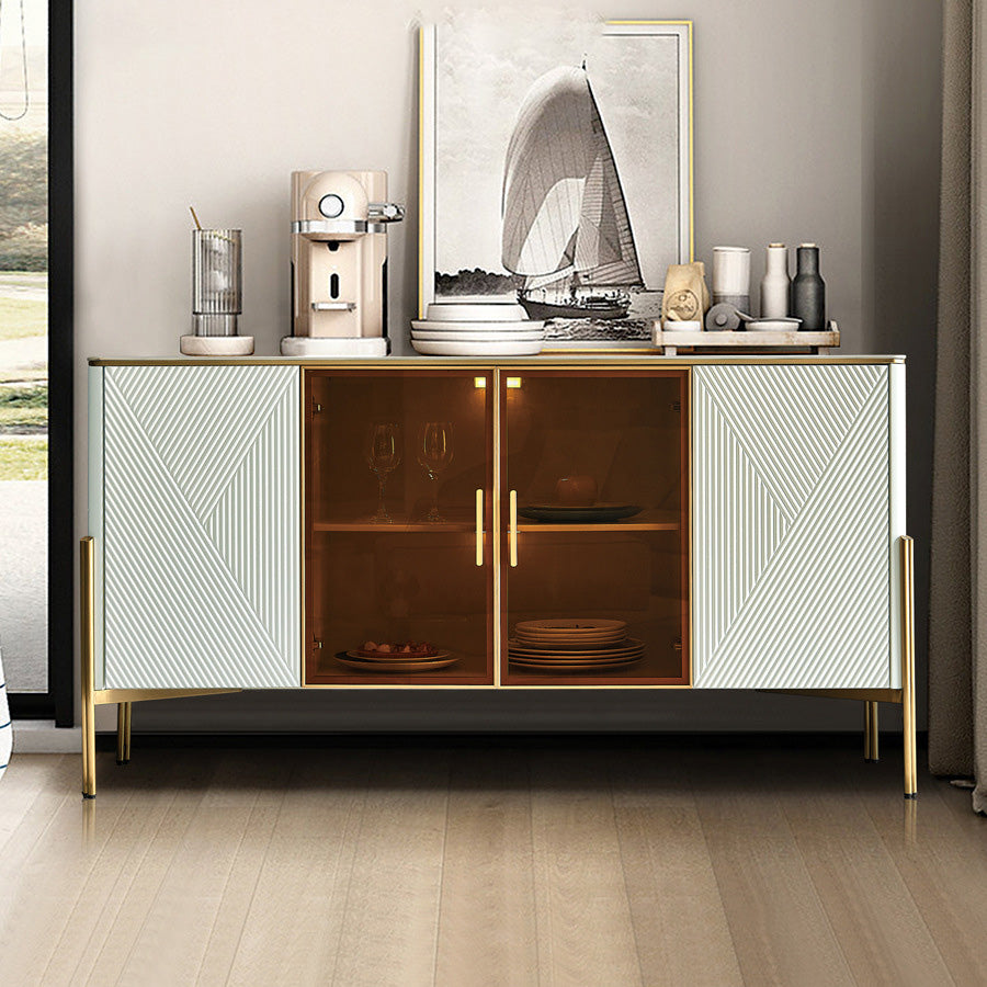 Glam Style Sideboard Glass Doors Stone Side Board with Cabinets