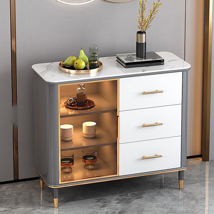 Glam Sideboard Stone Glass Doors Side Board with Cabinet and Drawers