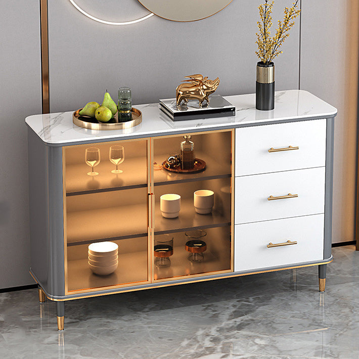 Glam Sideboard Stone Glass Doors Side Board with Cabinet and Drawers