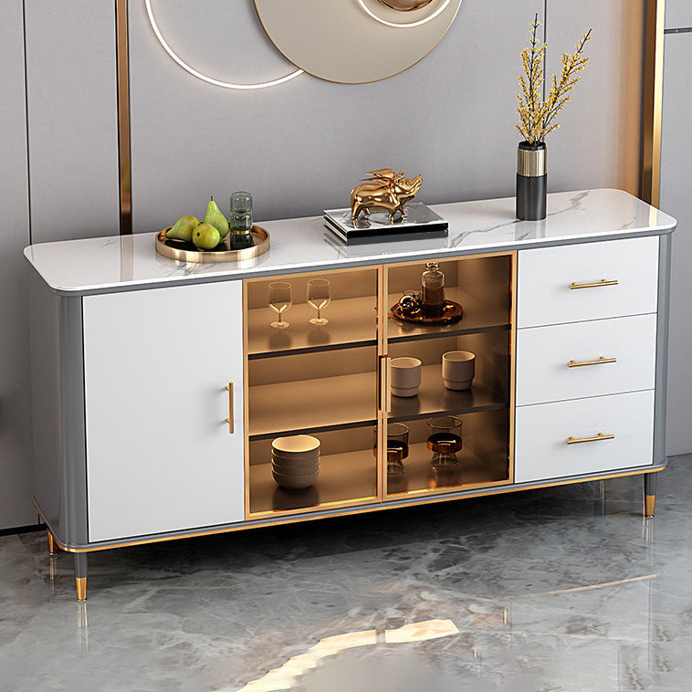 Glam Sideboard Stone Glass Doors Side Board with Cabinet and Drawers