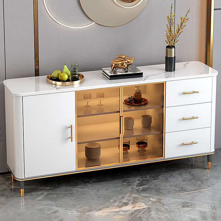 Glam Sideboard Stone Glass Doors Side Board with Cabinet and Drawers