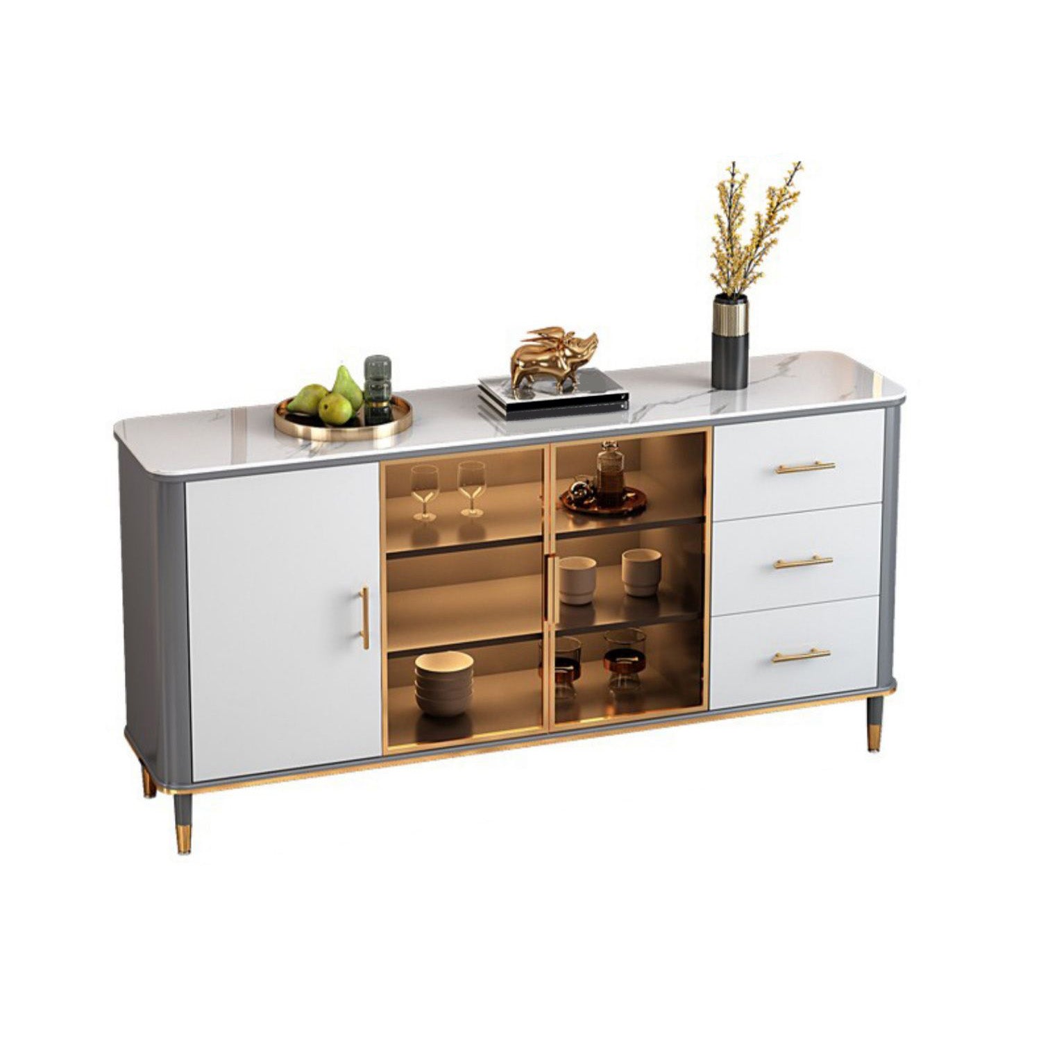 Glam Sideboard Stone Glass Doors Side Board with Cabinet and Drawers