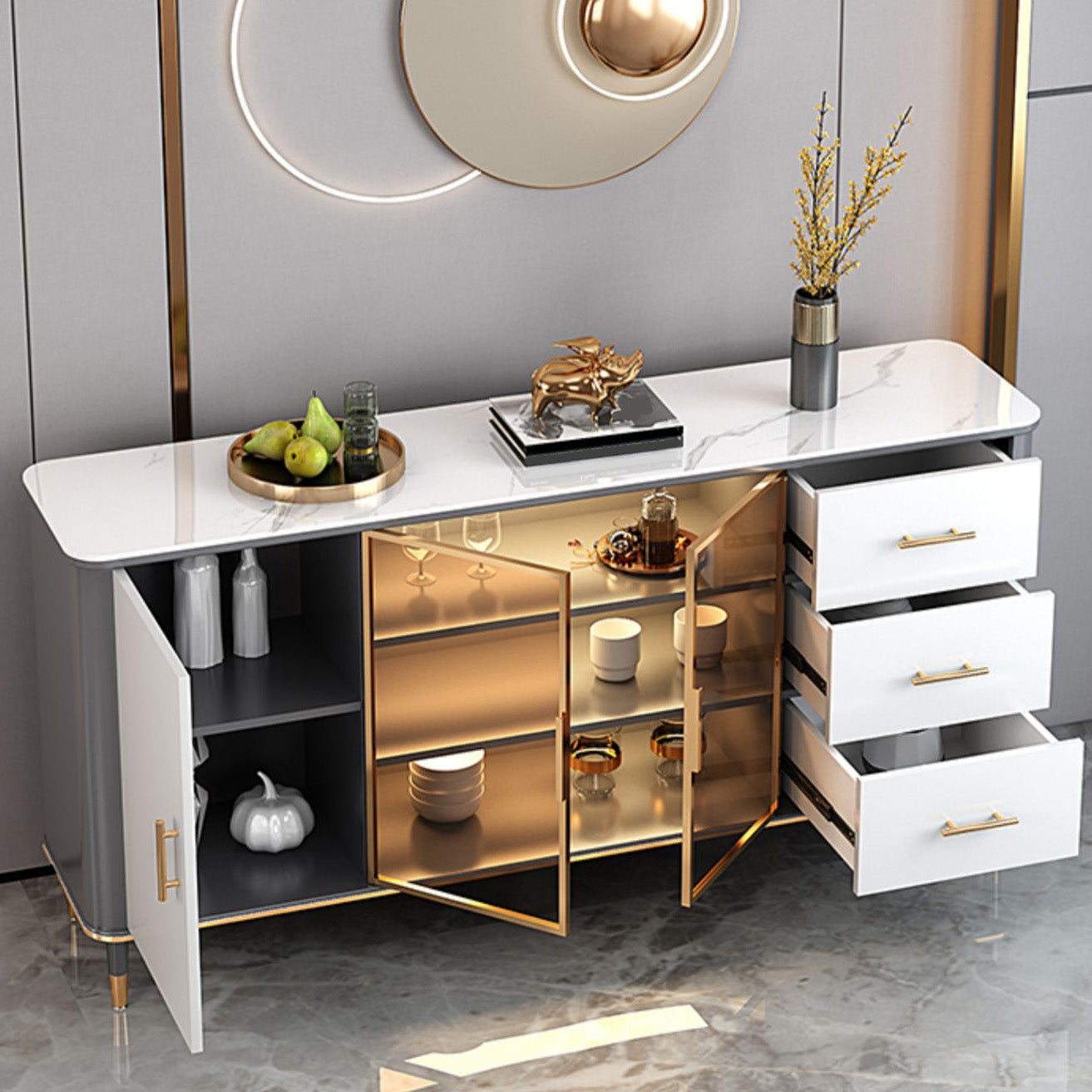 Glam Sideboard Stone Glass Doors Side Board with Cabinet and Drawers