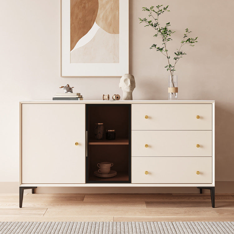 Glam Credenza Glass Doors Stone Side Board with Cabinets and Drawers