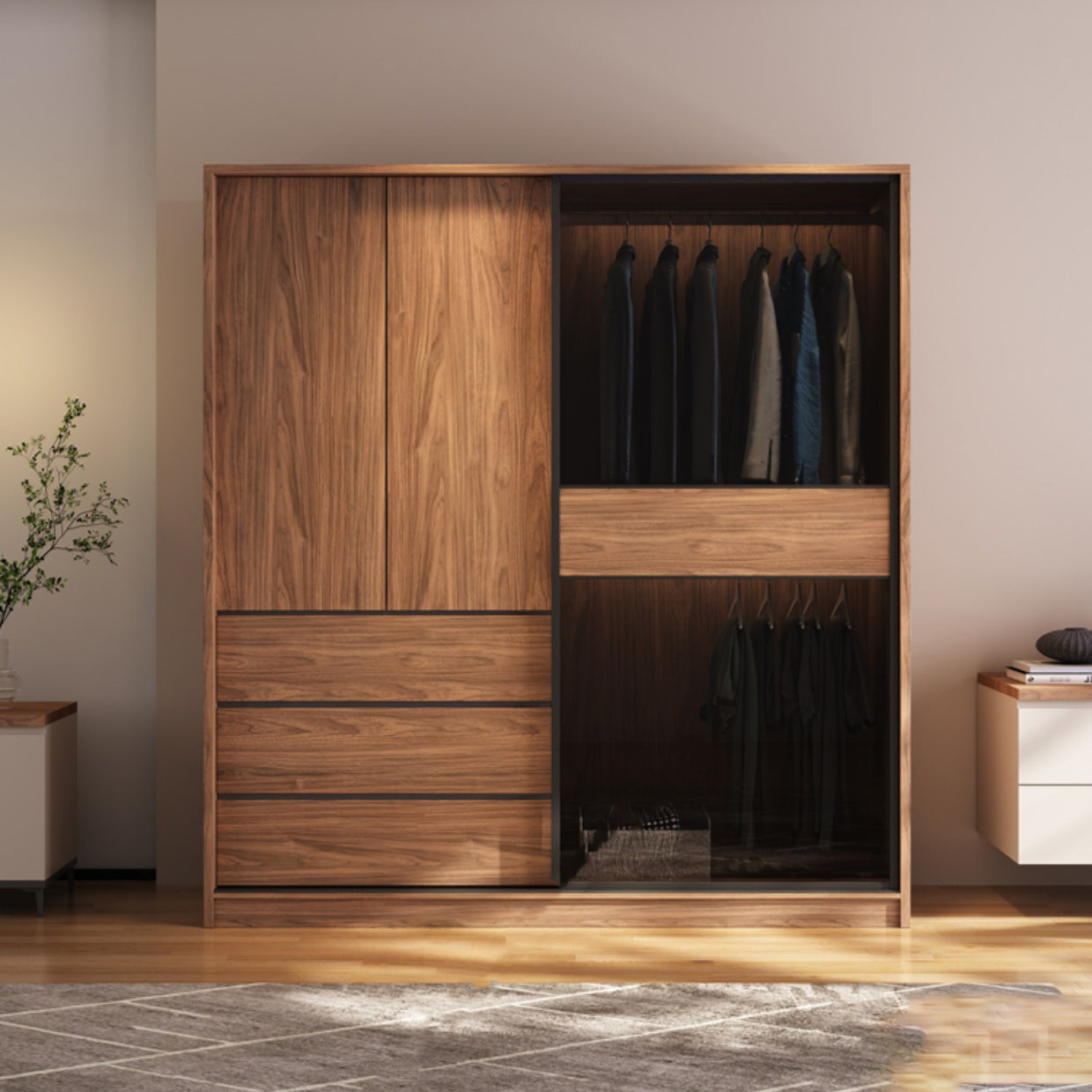 Modern Freestanding Wardrobe Brown Wood  Wardrobe Armoire with Drawers