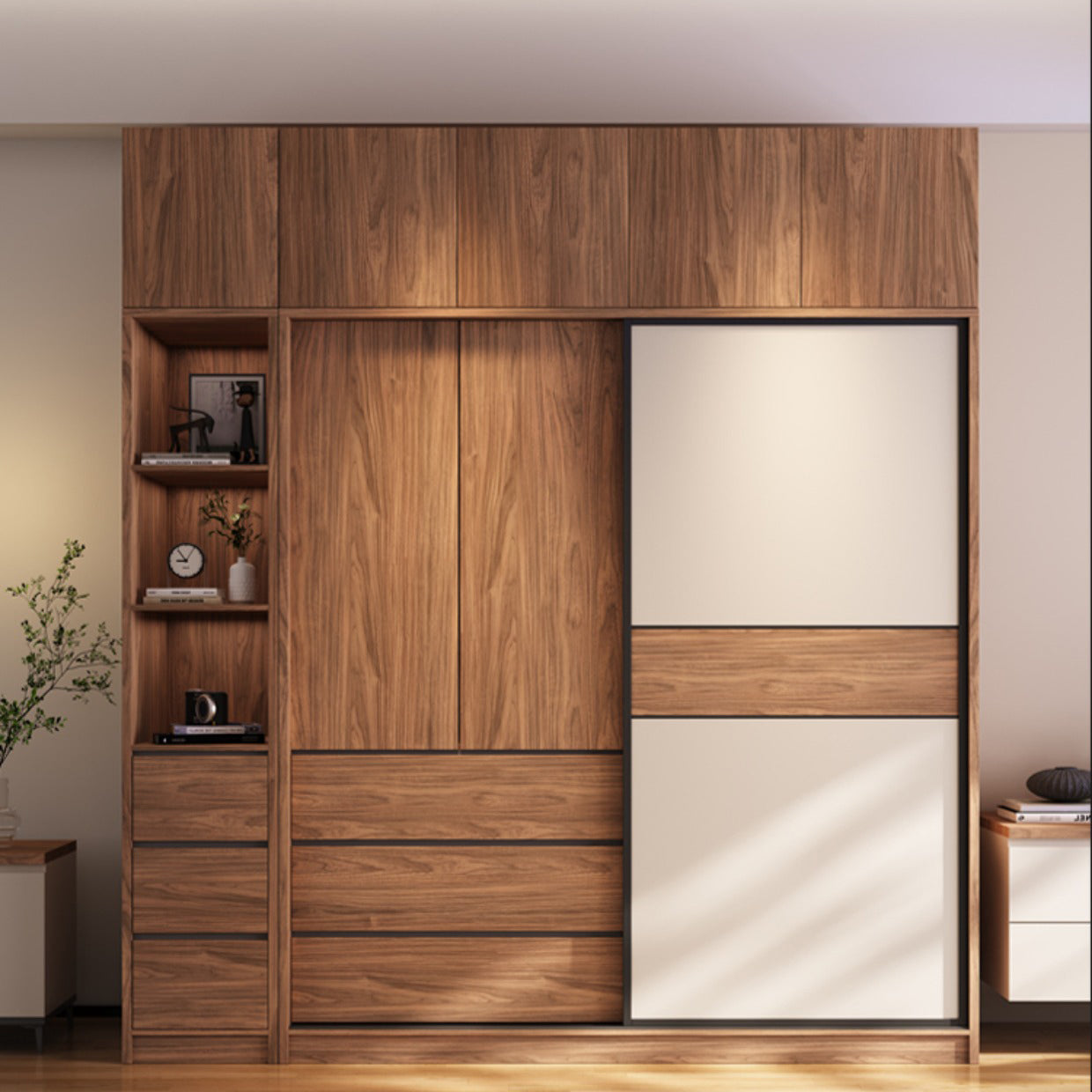 Modern Freestanding Wardrobe Brown Wood  Wardrobe Armoire with Drawers