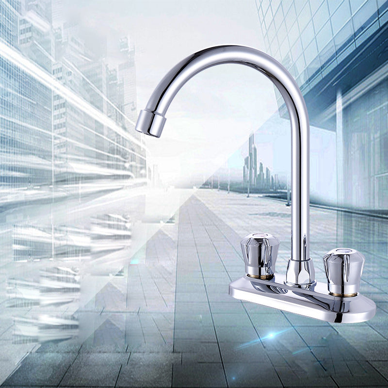 Modern Deck Mounted Double Handles Kitchen Faucet Metal Faucet in Silver