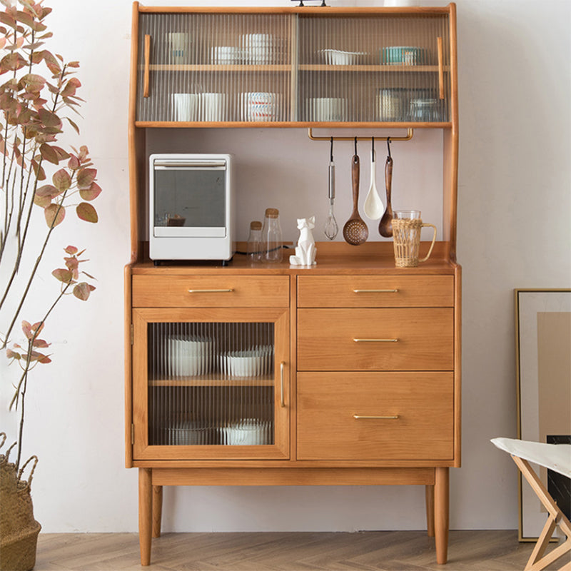 Modern Dining Hutch Pine Sliding Doors Storage Cabinet with Drawers